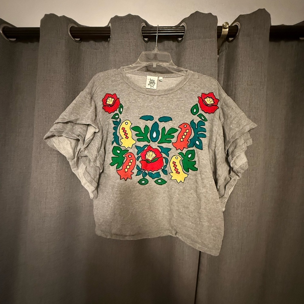 Gray Ruffle Sleeve Top with Floral Design